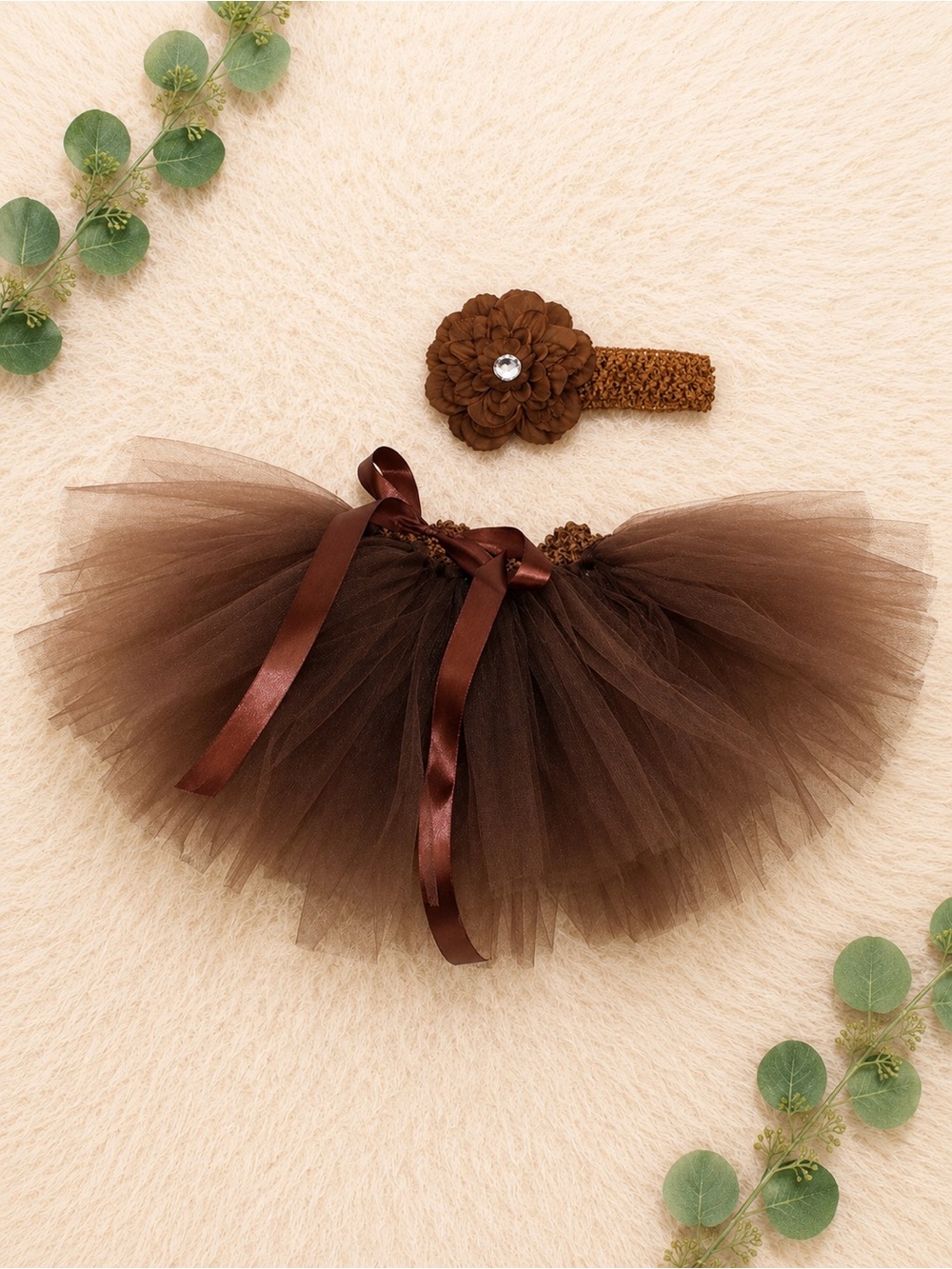Newborn Brown Tulle Baby Girl Tutu Skirt with Flower Headband